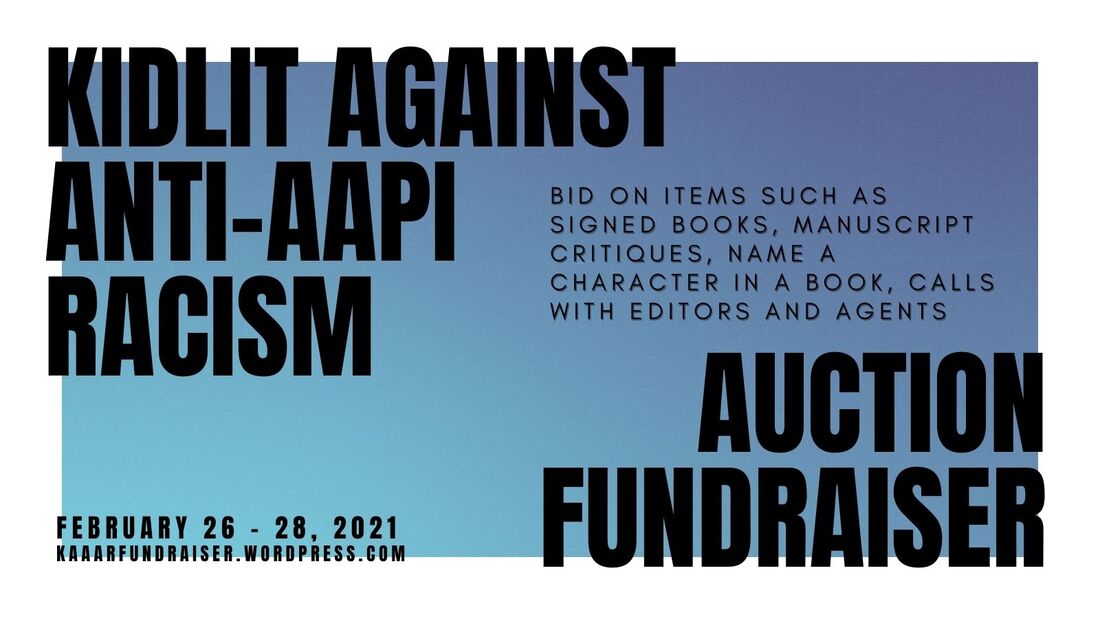 blue and white graphic for Kidlit Against Anti-AAPI Racism Auction Fundraiser, Feb. 26-28
