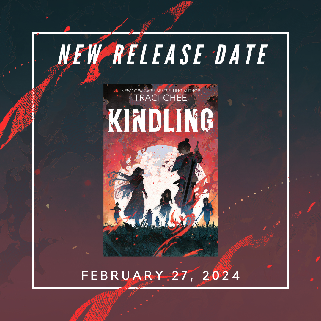 charcoal gray to red background overlaid with flashes of red fire; a white square frame with the cover of KINDLING by Traci Chee inside it and the text, 